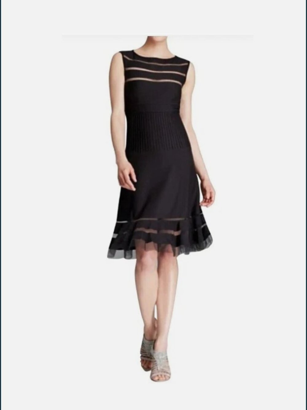 Tadashi Shoji Black Mesh Stripe Fit And Flare Jersey Dress Sz L
